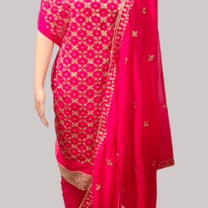 Red Semi-Unstitched Stone & Zori Salwar Suit
