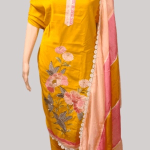 Yellow Cotton Embroidered Work Unstitched Salwar Suit Piece
