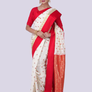 Traditional Off-White Silk Saree with Blouse Piece (Full Body Work)