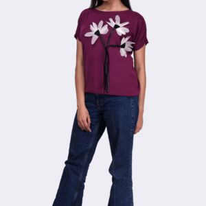 Stretchable Round Top Purple Top with Flora Design (Half Sleeve)