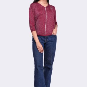 Chiffon Zipped V-Neck Three Quarter Top