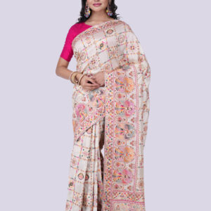 Off-White Pashmina Silk Saree with Full-Body Embroidered Work