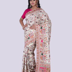 Off-White Pashmina Silk Saree with Full-Body Embroidered Work