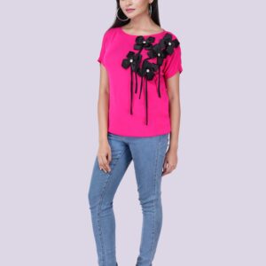 Stretchable Round Top Light Green Top with Flora Design (Half Sleeve)