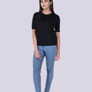 Black Chiffon Round Neck Half Sleeve Flora Top