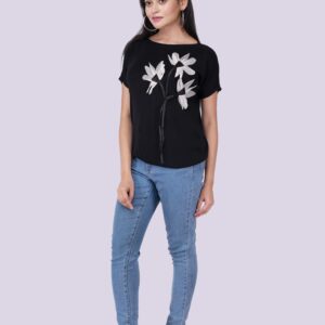 Stretchable Round Top Light Green Top with Flora Design (Half Sleeve)