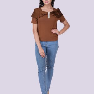 Silk Brown Half Sleeve Square Neck top with Stone-Work (Half Sleeve)
