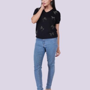 V-Neck Butterfly Stone Half Sleeve Top