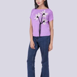 Stretchable Round Top Light Violet Top with Flora Design (Half Sleeve)