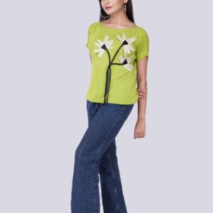 Stretchable Round Top Light Green Top with Flora Design (Half Sleeve)