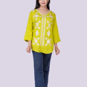 Cotton Embroidered Work V-Neck Three Quarter Top