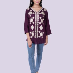 Cotton Embroidered Work V-Neck Three Quarter Top