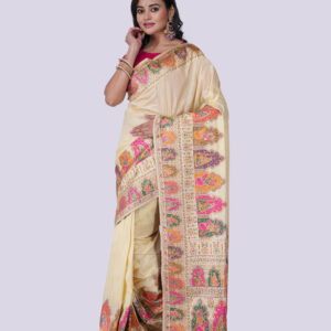 Off-White Pashmina Silk Saree with Double Paar Embroidered Work