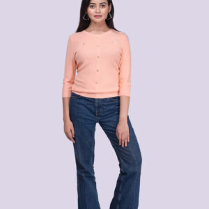 Women's Pink Cotton Blend Self-Design Top | Casual Regular Sleeves