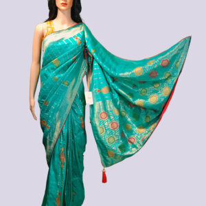 Turquoise Polly Silk Traditional Gujarati Embroidery Work Saree with Blouse Piece – Elegant Festive Wear for Women