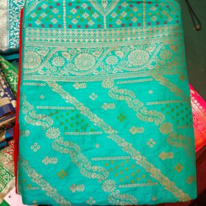 Turquoise Polly Silk Saree with Traditional Gujarati Embroidery & Blouse Piece – Festive & Wedding Ethnic Wear for Women