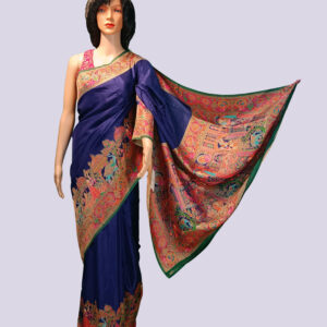 Elegant Dark Indigo Embroidered Pashmina Silk Saree with Blouse Piece – Premium Traditional Wear for Women