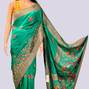 Green Pashmina Silk Saree with Fine Embroidery & Blouse Piece – Luxurious Drape for Celebrations & Occasions