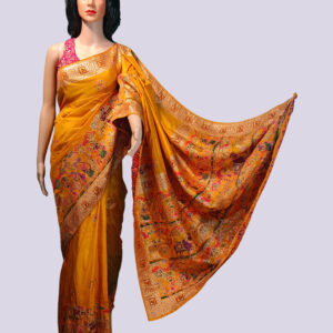 Mustard Yellow Pashmina Silk Embroidered Saree with Blouse Piece – Elegant Festive & Wedding Wear