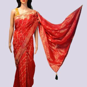 Red Polly Silk Traditional Gujarati Embroidery Work Saree With Blouse Piece – Festive & Wedding Wear